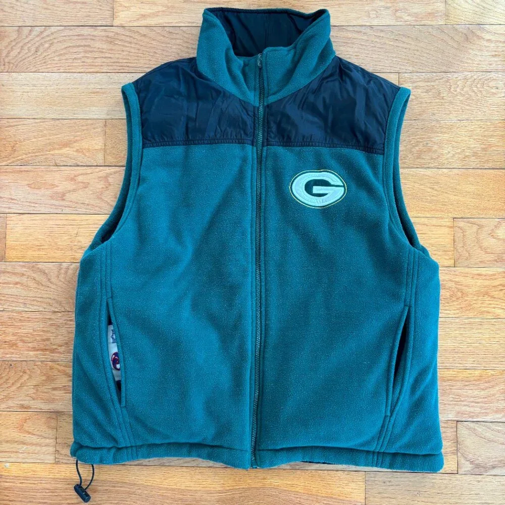 VTG Unique Sports Generation Green Bay Packers Mens L Reversible Vest Y2K Fleece